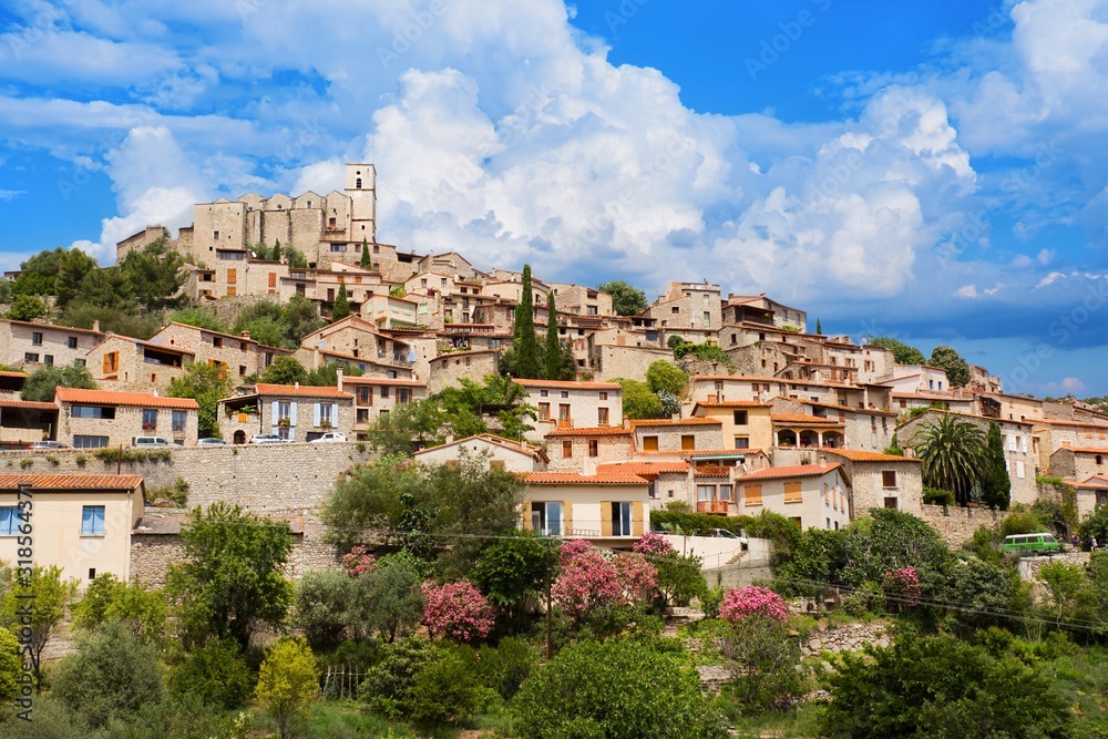 Village Eus in Pyrenees-Orientales before rain, Languedoc-Roussillon. Eus is listed as one of the 100 most beautiful villages in France