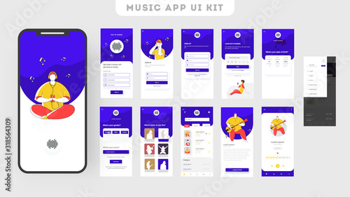 Mobile App UI Kit for Music Application with Multiple Screens.
