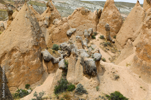 Rock formations and caves in Cappadocia Turkey. Mountain landscape.