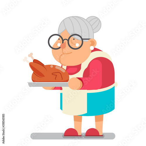 Family recipe fried chicken turkey grandmother with baking cook homemade food old lady character flat design vector illustration