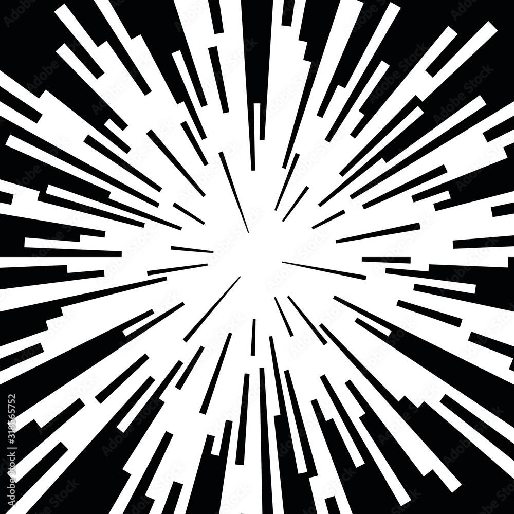 Obraz premium Comic book black and white radial lines background Manga or anime speed texture Superhero action frame Zoom effect Pop art gradient design Explosion vector illustration