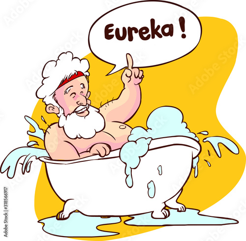 Vector illustration of a Archimedes in bath. Thumbs up eureka. ancient greek mathematician, physicist.