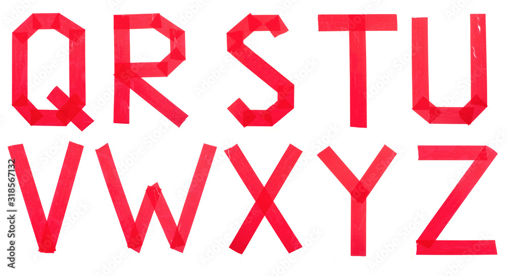 Set of red letters of the English alphabet from scotch tape on a white background