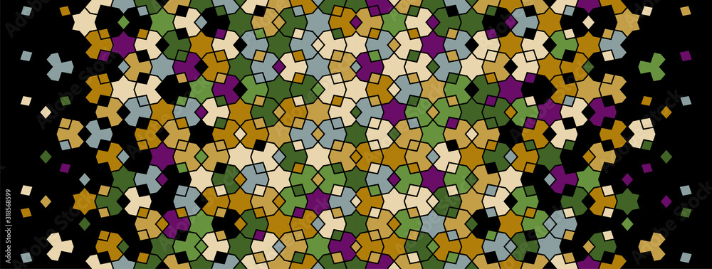 Islamic pattern, arabesque vector border. Geometric halftone texture, islamic pattern with color tile disintegration. Islamic pattern, arabesque vector border. Geometric halftone texture, islamic pattern with color tile disintegration.