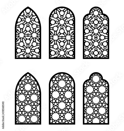 Arabesque arch window or door set. Cnc pattern, laser cutting, vector template set for wall decor, hanging, stencil, engraving. Arabesque faux window, arch, jali design. photo