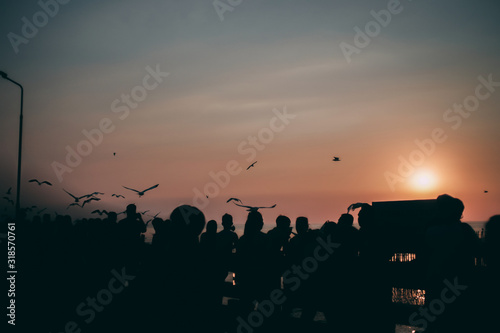 Silhouette of the sea on sunset background of the sky