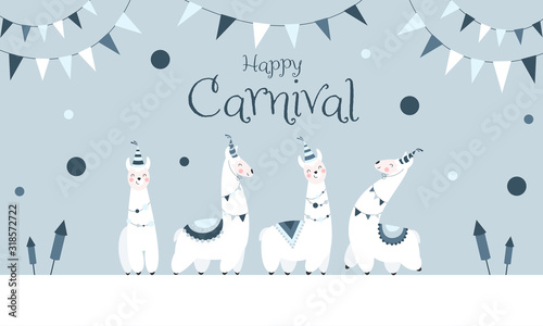 Happy Carnival - Süße abstrakte Lamas feiern Karneval, blauer Hintergrund, Banner	