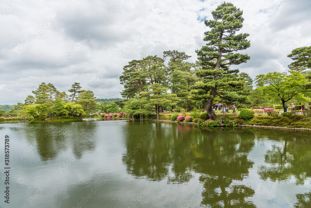 Idyllic landscape of Japanese Garden Kenrokuen in Kanazawa, Japan