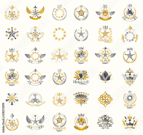 Crowns and stars vintage heraldic emblems vector big set, antique heraldry symbolic badges and awards collection with coronets, classic style design elements, family emblems.