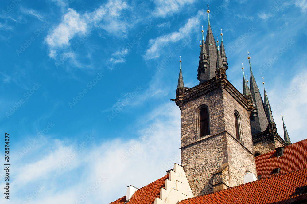 Fototapeta premium View of the sharp towers of the Church of Mother of God before Týn