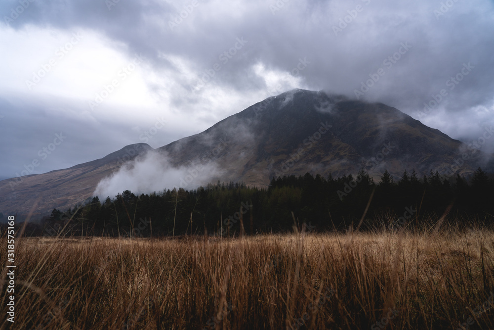 Glencoe moody mountain after rain. fog coming out of the forrest