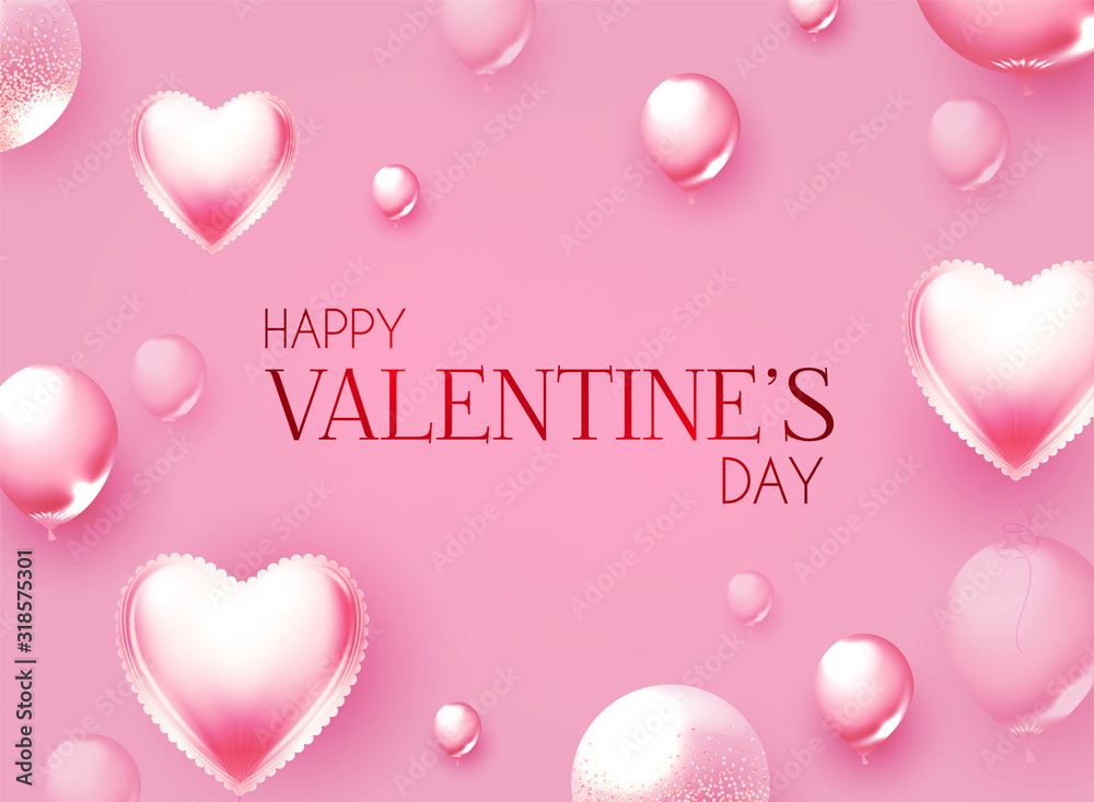Happy Valentine s Day Cute design with realistic pink foil balloons and lights.
