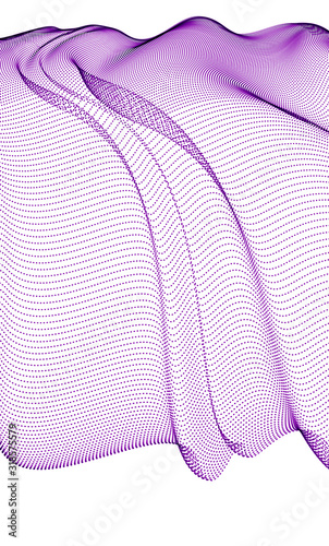 3d particles mesh array, transparent tulle textile on wind flowing. Round points vector effect illustration. Blended mesh, 3d calming tranquil wallpaper.