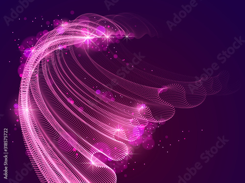 Flowing magic energy particles over dark, wave of blended dots transparent tulle textile on wind. Curved dotted 3d lines vector effect illustration. 3d futuristic style.