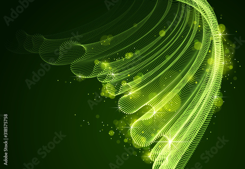 Flowing magic energy particles over dark, wave of blended dots transparent tulle textile on wind. Curved dotted 3d lines vector effect illustration. 3d futuristic style.