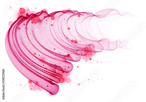 Wave of flowing particles abstract vector background, smooth curvy shape dots transparent tulle textile on wind. 3d shape dots blended mesh, relaxing tranquil wallpaper.