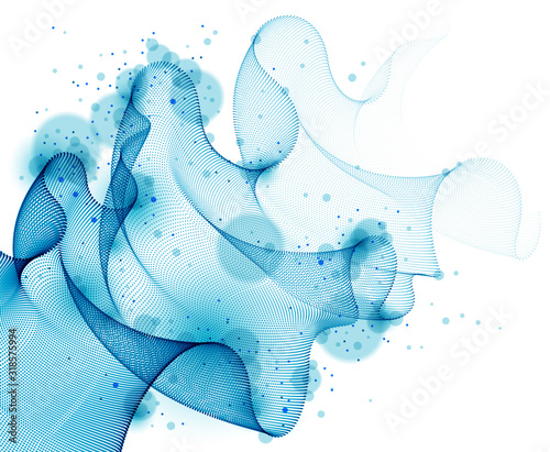 Flowing energy particles, wave of blended dots transparent tulle textile on wind. Curved dotted 3d lines vector effect illustration. 3d futuristic style.
