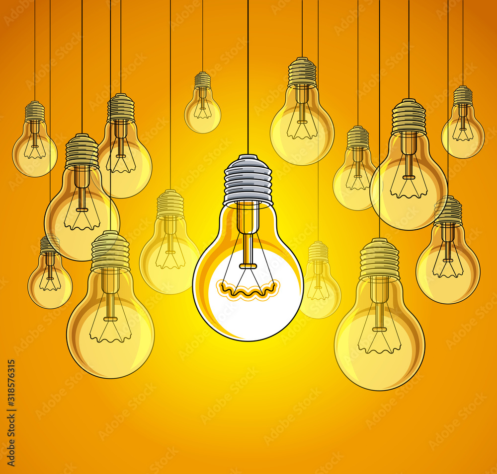 Light bulbs beautiful vector illustration with single one shining, idea concept, think different, stand out of crowd, creative inspiration. Light bulbs beautiful vector illustration with single one shining, idea concept, think different, stand out of crowd, creative inspiration.