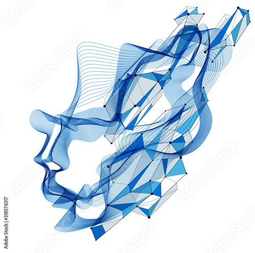 Spirit of digital electronic time, Artificial Intelligence vector illustration of human head made of dotted particles wave lines, particle flow, technological soul of machine.