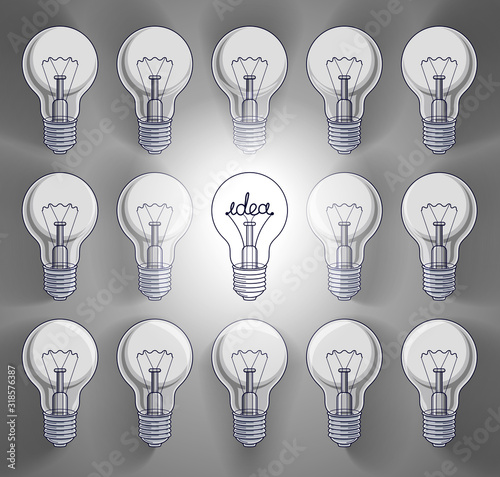 Light bulbs beautiful vector illustration with single one shining  idea concept  think different  stand out of crowd  creative inspiration.