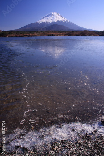富士山が映った透明な湖