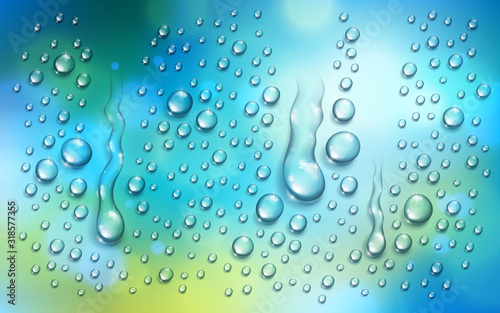 Water rain drops or condensation over blurred green and blue nature background beyond the window, realistic transparent 3d vector illustration, easy to put over any background.