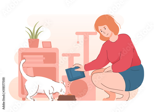 Woman feeding hungry cat. People and pet illustration