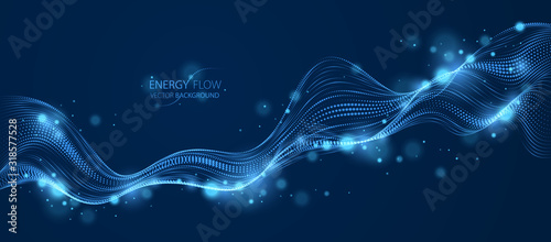 3d particles mesh array, sound wave flowing over dark. Round shining points vector effect illustration. Blended mesh, future technology relaxing wallpaper.