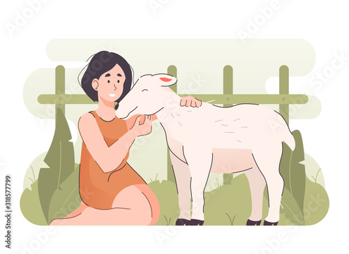 Girl with goat. People and pet concept
