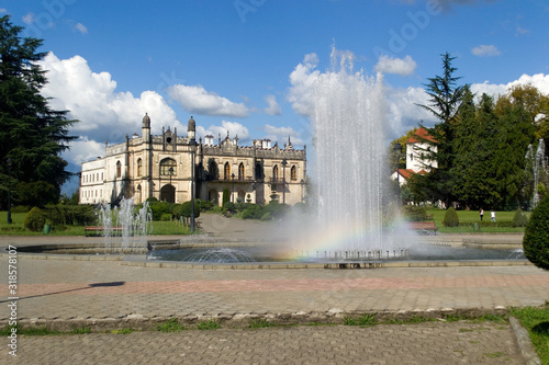 A fountain with a rainbow in the park area of the Dadiani Palace Museum, the former residence of the rulers of the Dadiani clan in the Georgian city of Zugdidi