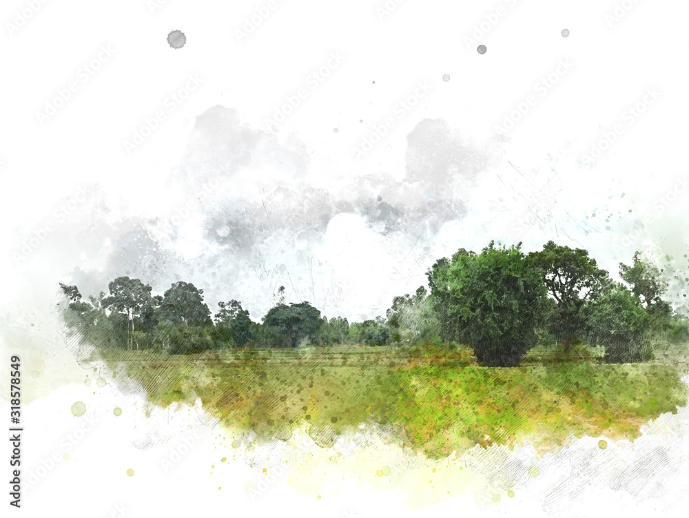 Obraz Streszczenie kolorowe drzewo krajobraz na tle malarstwa akwarela ilustracja.
