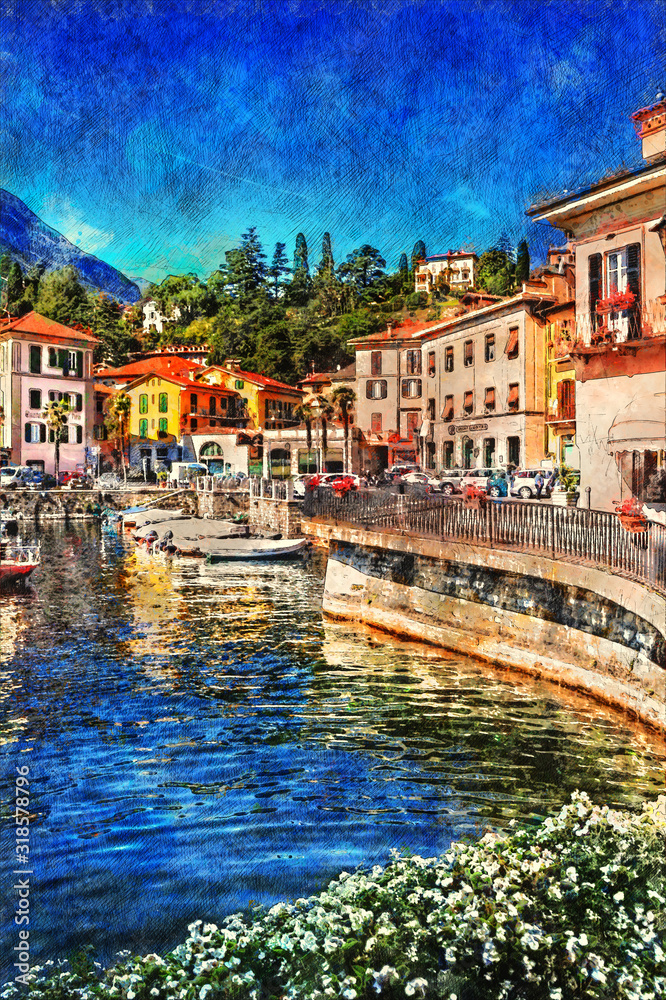 View old town Menaggio on Lake Como, Italy - vintage painted style illustration