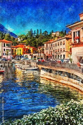 Fototapeta Naklejka Na Ścianę i Meble -  View old town Menaggio on Lake Como, Italy - vintage painted style illustration