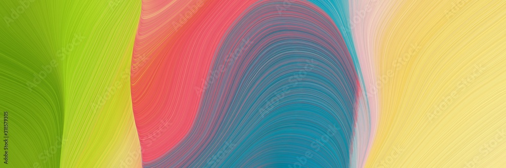 flowing designed horizontal banner with burly wood, teal blue and indian red colors. dynamic curved lines with fluid flowing waves and curves