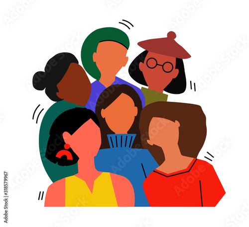 Group of happy multicultural women standing together. Cartoon people embrace each other. Female friendship.
