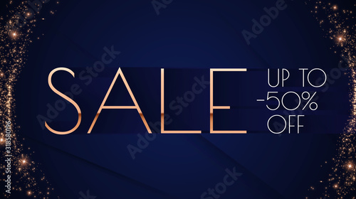 Sale banner gold metal design. Shining advertising template.
