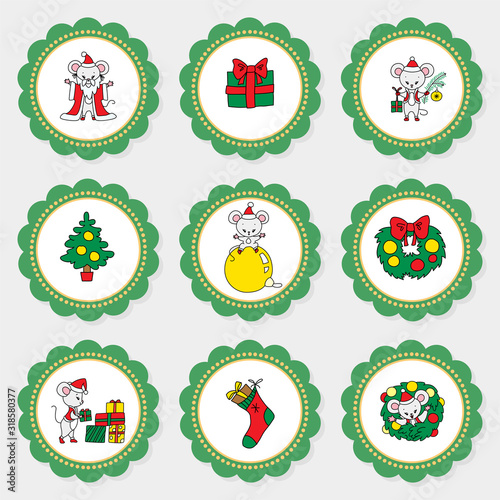 Christmas cupcake toppers. Set of cupcake toppers for Christmas party with doodle illustrations of little mice enjoying winter holidays. Vector 8 EPS.