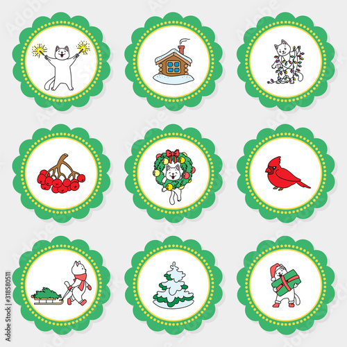 Christmas cupcake toppers. Set of cupcake toppers for Christmas party with doodle illustrations of cute kittens enjoying winter holidays. Vector 8 EPS.