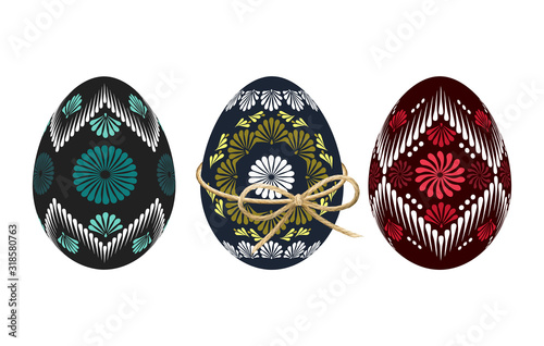 Ethnic Easter eggs wrapped with realistic linen twine vector illustration.