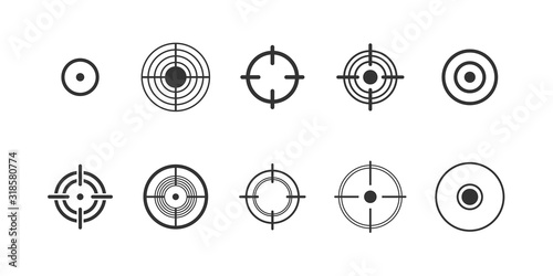 Target, pain circle vector glyph icons set. Sniper aim and dartboard black symbols collection. Pain localization marks isolated pack on white background. Radial abstract sign illustrations