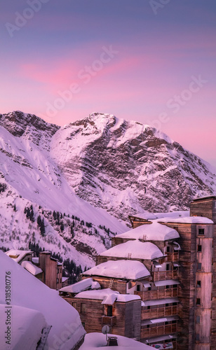 Morning sun over mountains in Avoriaz France photo