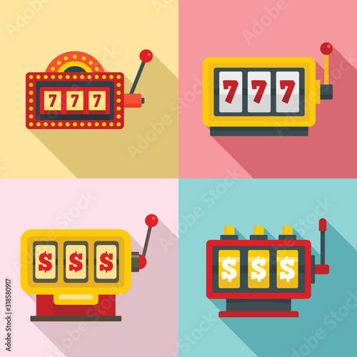 Slot machine icons set. Flat set of slot machine vector icons for web design