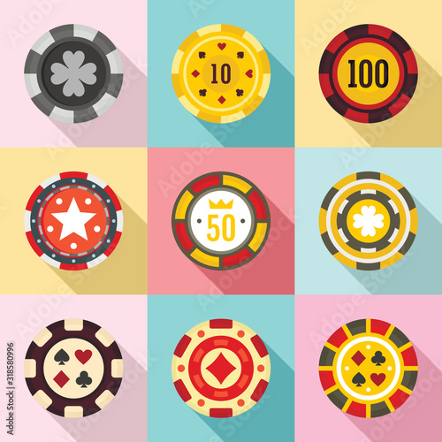 Casino chips icons set. Flat set of casino chips vector icons for web design