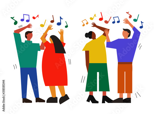 Couple of people dancing. Music and disco concept. Cartoon characters move and dance. Happy men and women illustration.