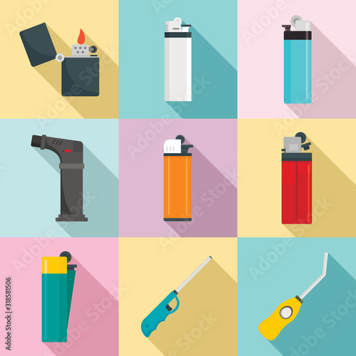 Cigarette lighter icons set. Flat set of cigarette lighter vector icons for web design