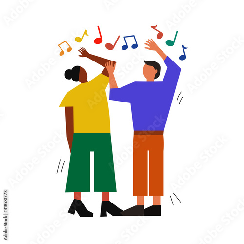 Couple of people dancing. Music and disco concept. Cartoon characters move and dance. Happy men and women illustration.