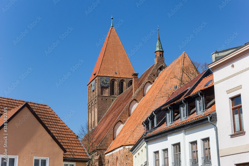 Rooftops and church tower in old town Grimmen, Germany