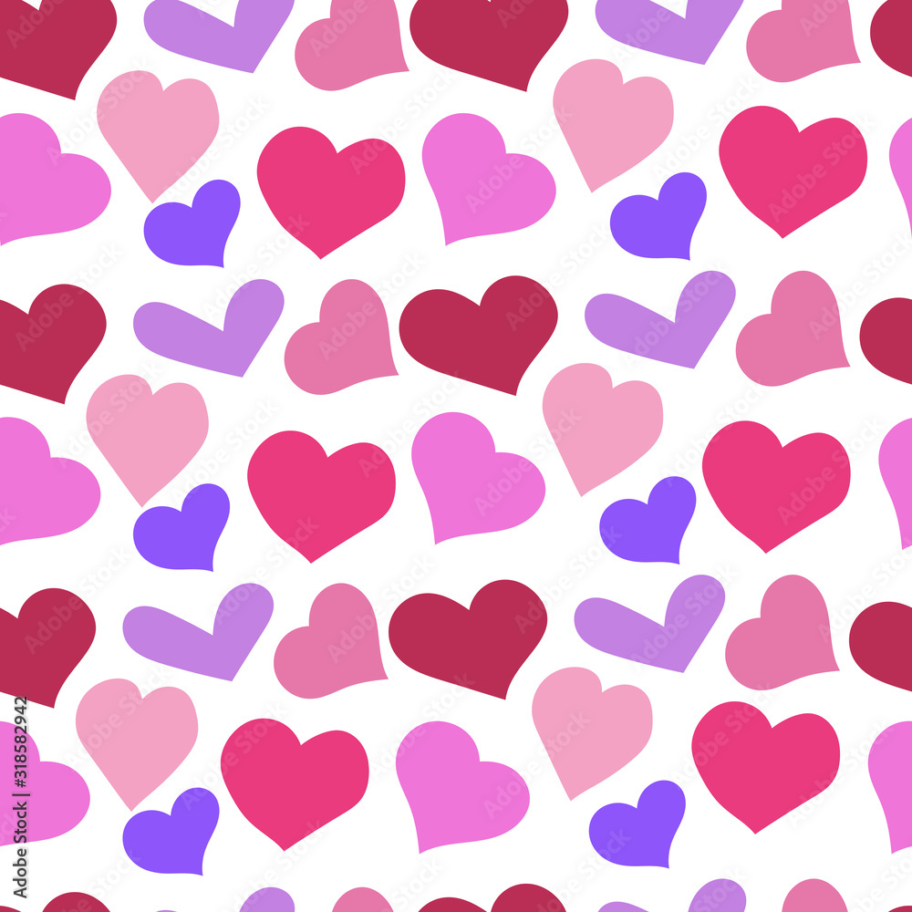 Decorative seamless texture with pink hearts on white background.Colorful vector illustration in doodle style.Valentine`s Day symbol for packaging, textile,wedding cards.