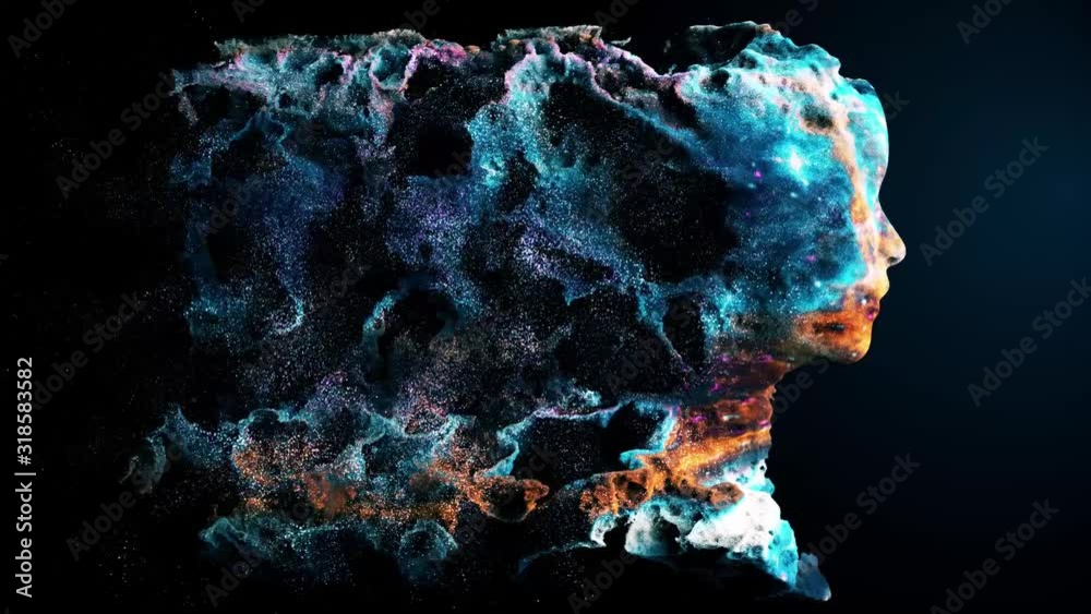Girl head profile featured waving volume displacement and streamed particles. Seamless loop of 3d rendered video.