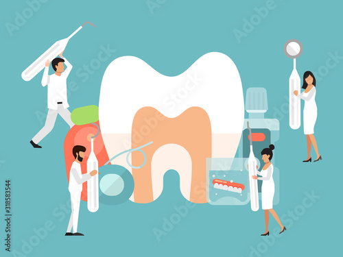 Tiny people dentists characters vector illustration. Dental care by tiny doctors banner concept. Dentist people with tools cares about big tooth